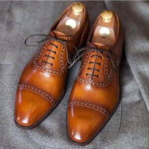 Men's Leather Tan Cap Toe Brogue Shoes - leathersguru