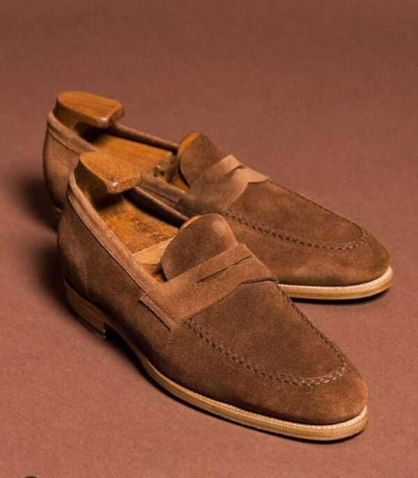 Men's Suede Brown Penny Loafers Shoes - leathersguru