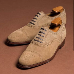 Handmade Men's Beige Suede Cap Toe Brogue Shoes - leathersguru