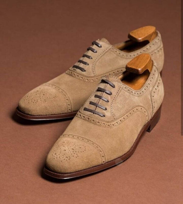 Handmade Men's Beige Suede Cap Toe Brogue Shoes - leathersguru