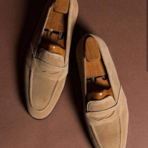 Handmade Men's Beige Suede Penny Loafers - leathersguru