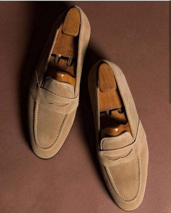 Handmade Men's Beige Suede Penny Loafers - leathersguru