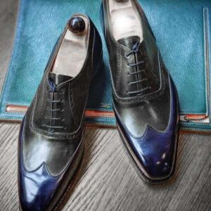 Men's Leather Wing Tip Blue Black Lace Up Shoes - leathersguru