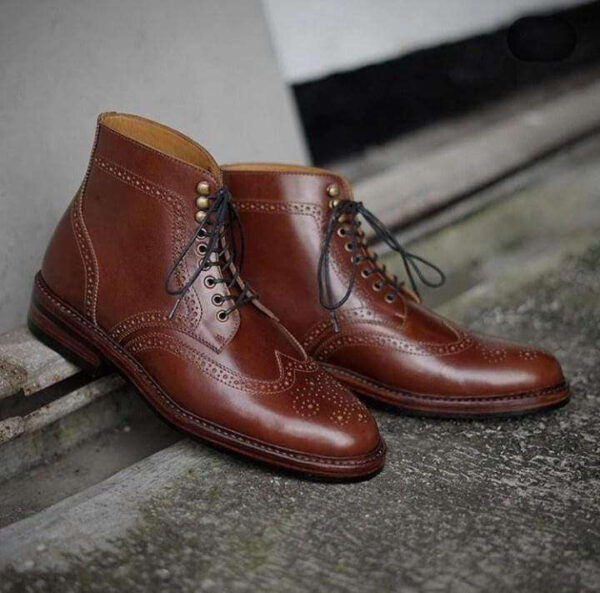 Handmade Men's Ankle High Leather Brown Wing Tip Lace Up Boot - leathersguru