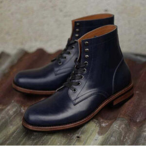 Handmade Men's Ankle High Navy Blue Leather Lace Up Boot - leathersguru