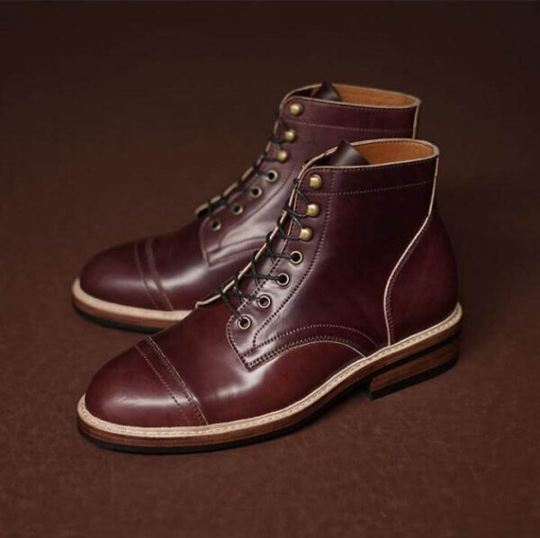 Handmade Men's Ankle High Leather Burgundy Cap Toe Lace Up Boot - leathersguru