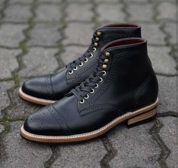 Handmade Men's Black Leather Cap Toe Lace Up Ankle Boot - leathersguru