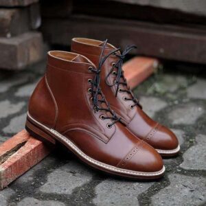 Handmade Men's Ankle High Brown Leather Cap Toe Boot - leathersguru