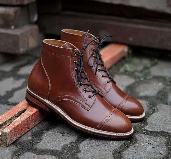 Handmade Men's Ankle High Brown Leather Cap Toe Boot - leathersguru