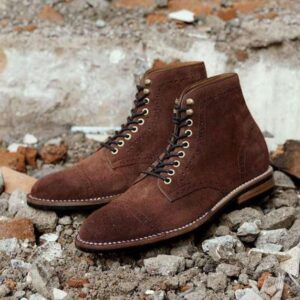 Handmade Men's Ankle High Suede Brown Cap Toe Lace Up Boot - leathersguru