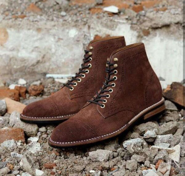 Handmade Men's Ankle High Suede Brown Cap Toe Lace Up Boot - leathersguru
