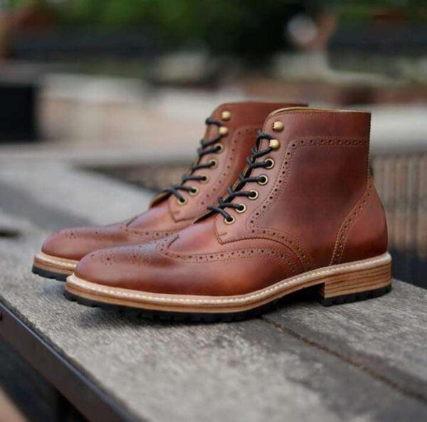 Handmade Men's Ankle High Leather Brown Wing Tip Lace Up Boot - leathersguru