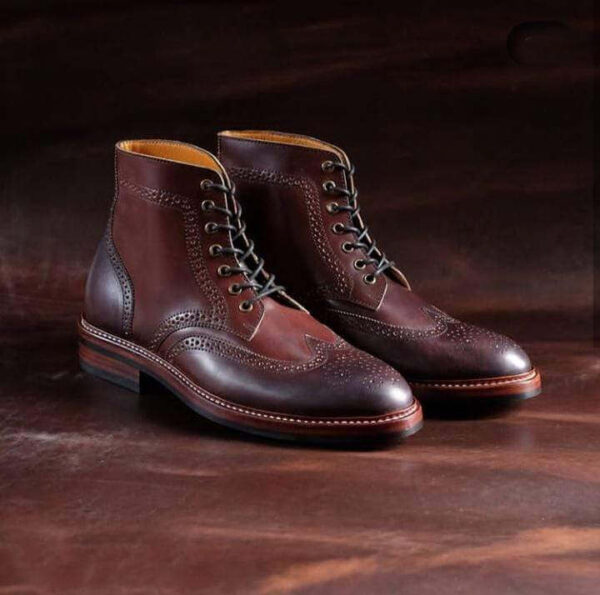 Handmade Men's Ankle High Leather Brown Wing Tip Boot - leathersguru