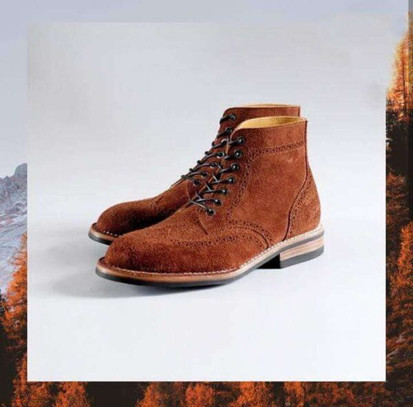 Handmade Men's Ankle High Tan Suede Wing Tip Lace Up Boot - leathersguru