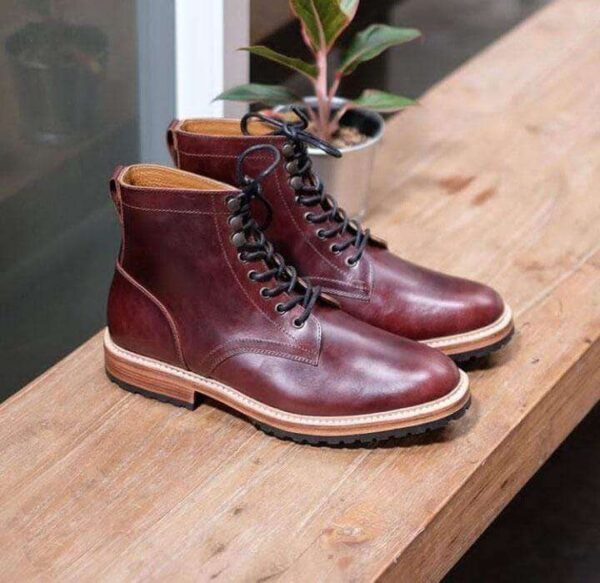 Handmade Men's Maroon Ankle High Leather Lace Up Boot - leathersguru