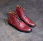 Handmade Men's Ankle High Leather Burgundy Wing Tip Boot - leathersguru