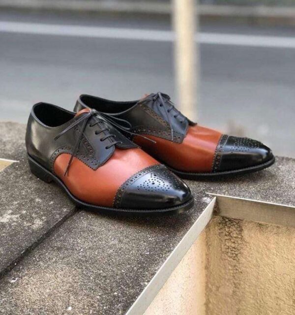 Handmade Men's Black Tan Leather Cap Toe Brogue  Lace Up Shoe - leathersguru