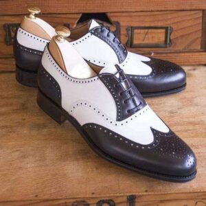 Men's Leather Wing Tip Brogue Dark Brown White Lace Up Shoes - leathersguru