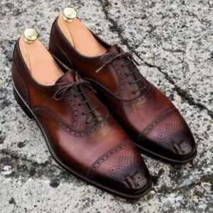 Handmade Men's Brown Black Leather Cap Toe Brogue Lace Up Shoe - leathersguru