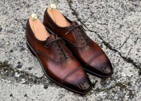 Handmade Men's Brown Black Leather Cap Toe Brogue Lace Up Shoe - leathersguru