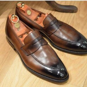 Men's Brown Black Leather Penny Loafers - leathersguru