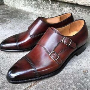 Handmade Men's Burgundy Leather Cap Toe Monk Strap Shoe - leathersguru