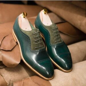 Handmade Men's Green Leather Suede Cap Toe  Shoe - leathersguru