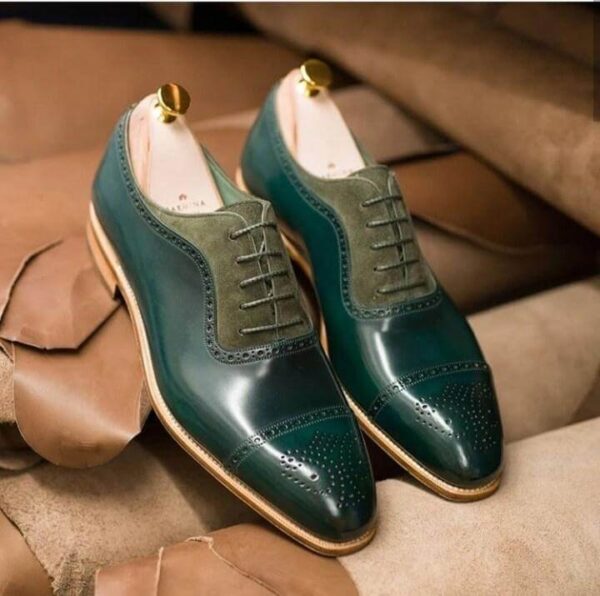 Handmade Men's Green Leather Suede Cap Toe  Shoe - leathersguru