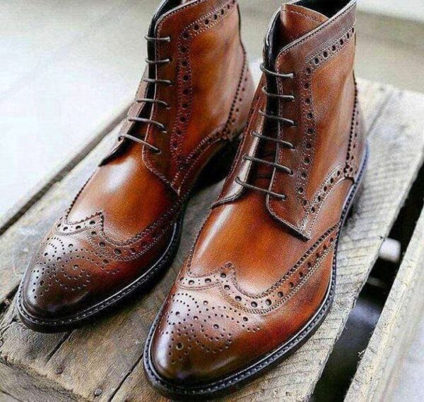 Handmade Men's Ankle High Leather Brown Wing Tip lace Up Boot - leathersguru