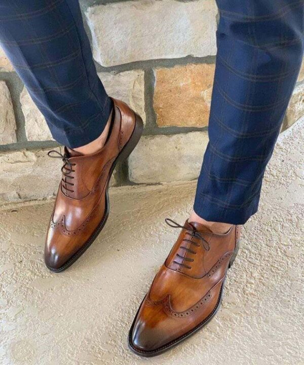 Handmade Men's Leather Wing Tip Brown Lace Up Shoes - leathersguru