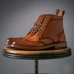 Bespoke Brown Leather Wing Tip Ankle High Boots - leathersguru