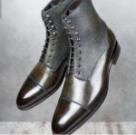 Ankle High Two Tone Cap Toe Lace Up Pebbled Leather Boots - leathersguru