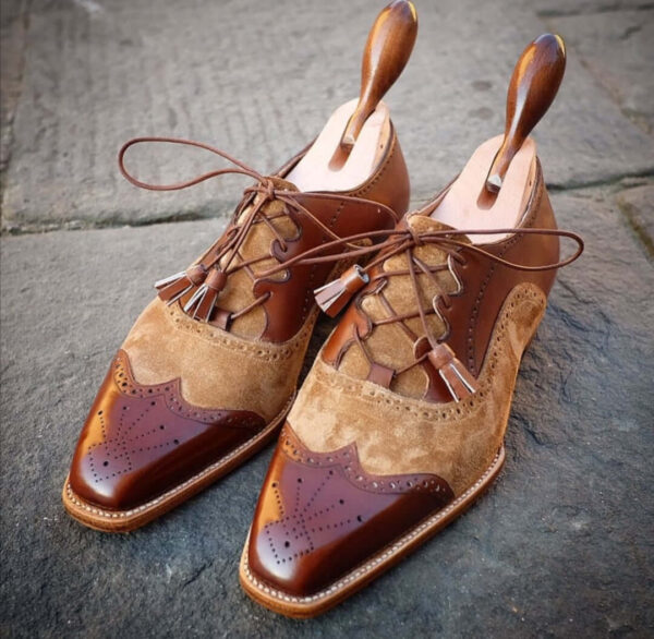 Bespoke Brown Leather Suede Wing Tip Brogue Shoes - leathersguru