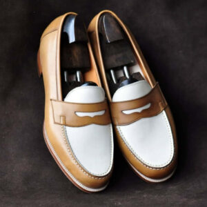 Bespoke White & Brown Leather Round Toe Shoes for Men's - leathersguru