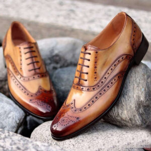 Bespoke Two Tone Wing Tip Brogue Lace Up Shoes for Men's - leathersguru