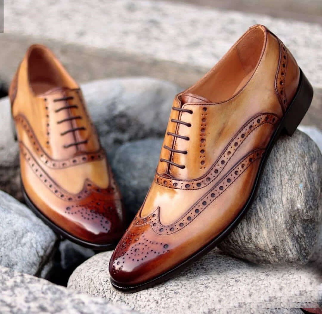 Bespoke Two Tone Wing Tip Brogue Lace Up Shoes for Men's - leathersguru