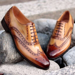 Bespoke Brown Leather Wing Tip Brogue Lace Up Shoes - leathersguru