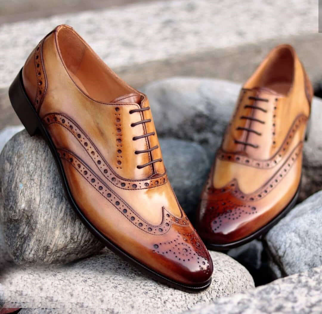 Bespoke Two Tone Wing Tip Brogue Lace Up Shoes for Men's - leathersguru