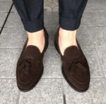 Bespoke Brown Suede Round Toe Tussles Loafer Shoes for Men's - leathersguru