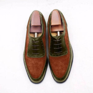 Men's Leather Suede Tan Green Round Toe Shoes - leathersguru