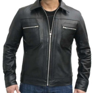 Slimfit Black Leather Jacket Zipper Chest Pocket, Men's Leather jacket