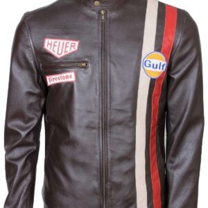 White Red Stripped Le Man Grand Prix Gulf Steve McQueen Leather Jacket - leathersguru