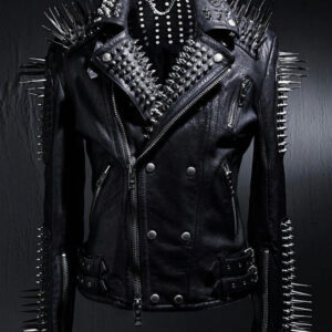 Studded Leather Jacket Women Handmade Full Black Punk Silver Long Spiked