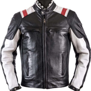 Black White Red Strip Real Leather Pocket Men's Jacket - leathersguru