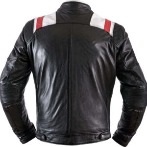 Black White Red Strip Real Leather Pocket Men's Jacket - leathersguru