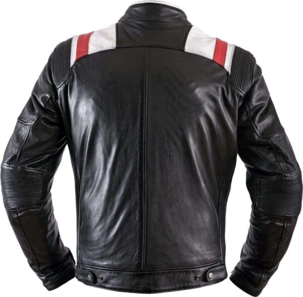 Black White Red Strip Real Leather Pocket Men's Jacket - leathersguru