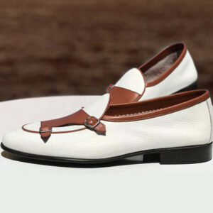 Bespoke White & Brown Leather Monk Strap Shoes for Men's - leathersguru