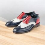 Three Tone Red Black White Premium Leather Wing Tip Rounded Brogue Toe Men Shoes