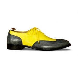 Two Tone Gray Yellow Leather Lace Up Shoes For Men's