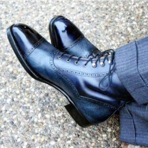 Handmade Navy Blue Leather Cap Toe Boot - leathersguru